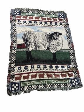 Vintage Woven Sheep Farm Tapestry Throw Blanket Fringe Rustic Cottagecore 45x67
